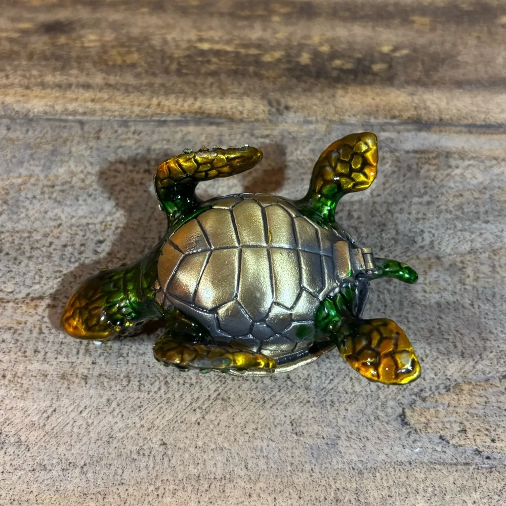 Green and Gold Rhinestone Turtle Jewelry Keeper
